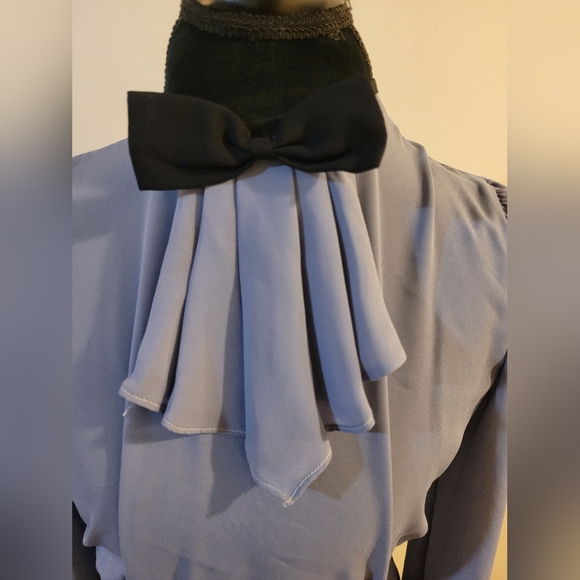 Grayish Blue Bib Collar With Bow Vintage Blouse - Picture 2 of 3